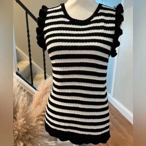 Design History Black & White Striped Knit Top with ruffle detail